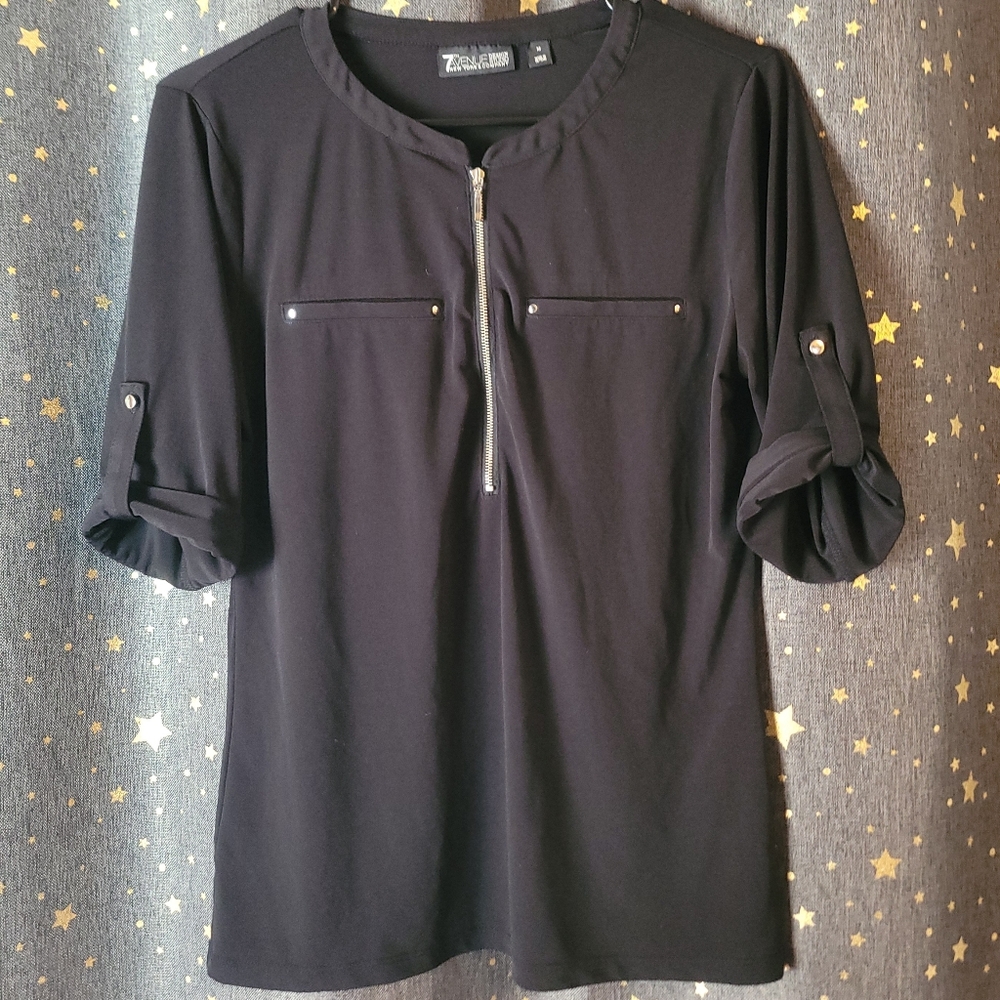 New York & Co | Black Blouse with Zipper and Sleeve Roll Tabs Medium